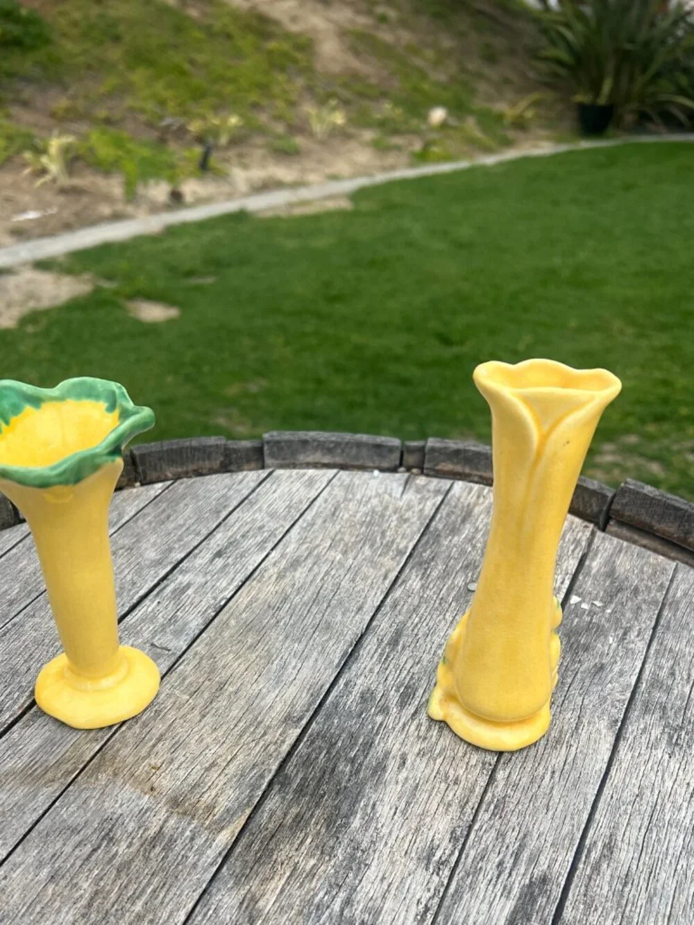 Pair of Vintage Yellow & Green Pottery Bud Vases | Cottage Floral Decor - Picture 2 of 10